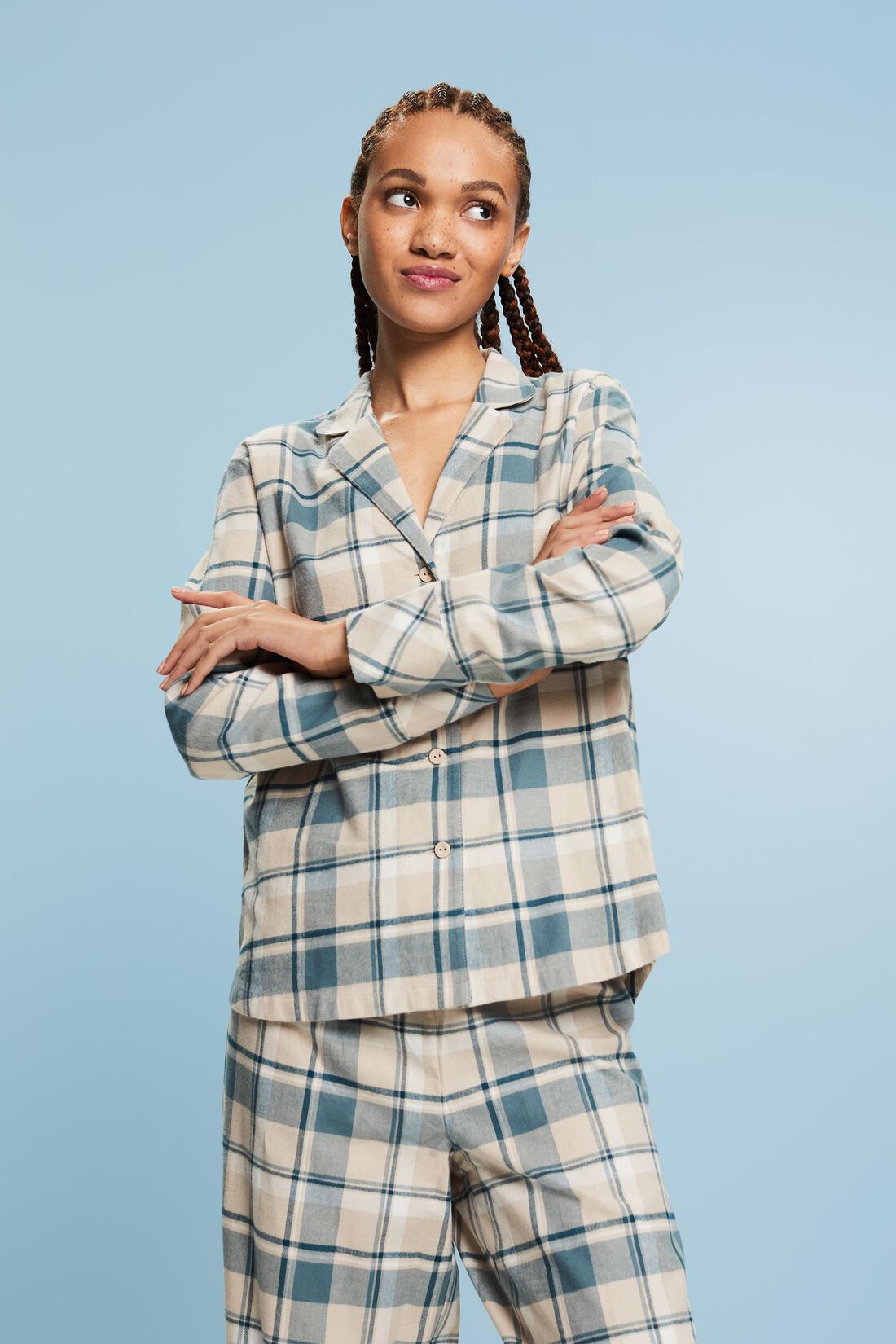 Esprit flannelen Pyjama doorknoop met kraag - 103ER1Y301 - Teal Blue