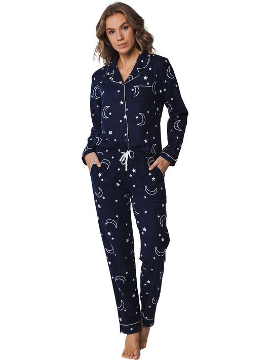 Rebelle pyjama doorknoop flannel maan en sterren - 21242-426-6 - Donker blauw