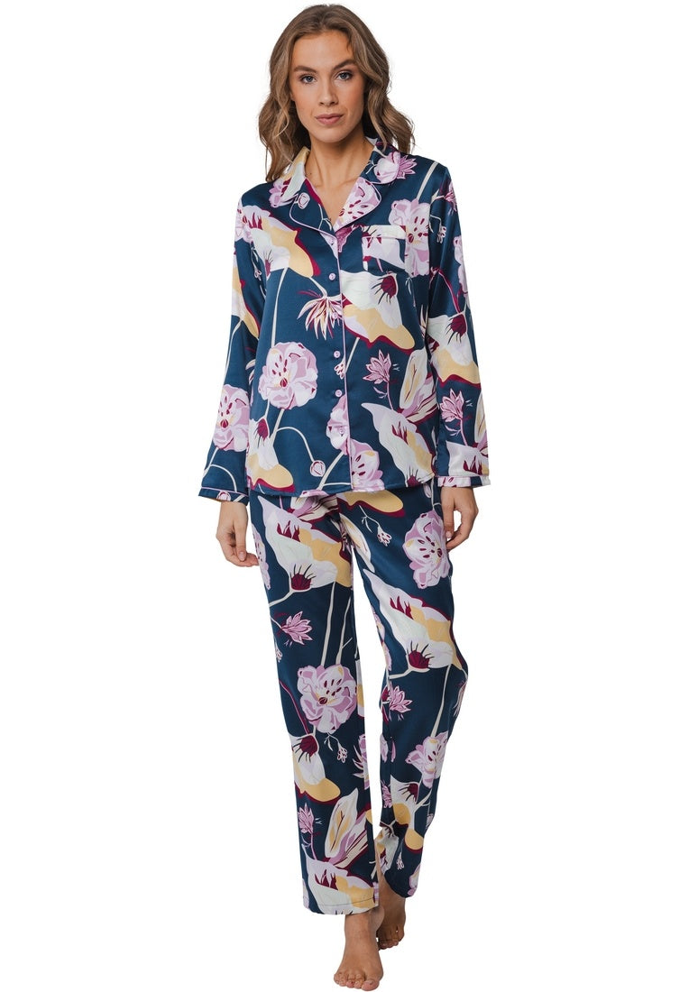 Pastunette Premium Satijnen Pyjama doorknoop - 25242-316-6 - donkerblauw bloemen