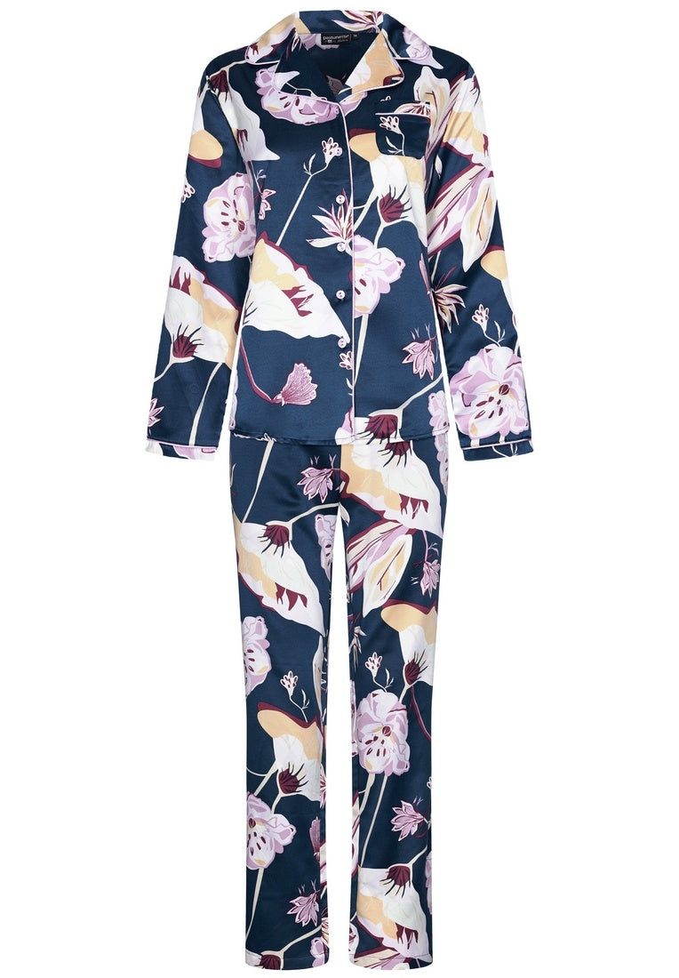 Pastunette Premium Satijnen Pyjama doorknoop - 25242-316-6 - donkerblauw bloemen